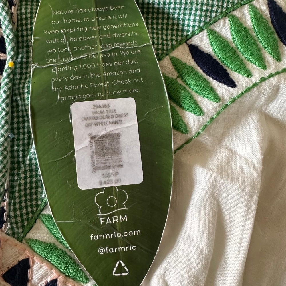 Farm Rio Palm Tree NWT Embroidered Maxi Dress L White Green Gingham Boho Linen - Picture 9 of 16